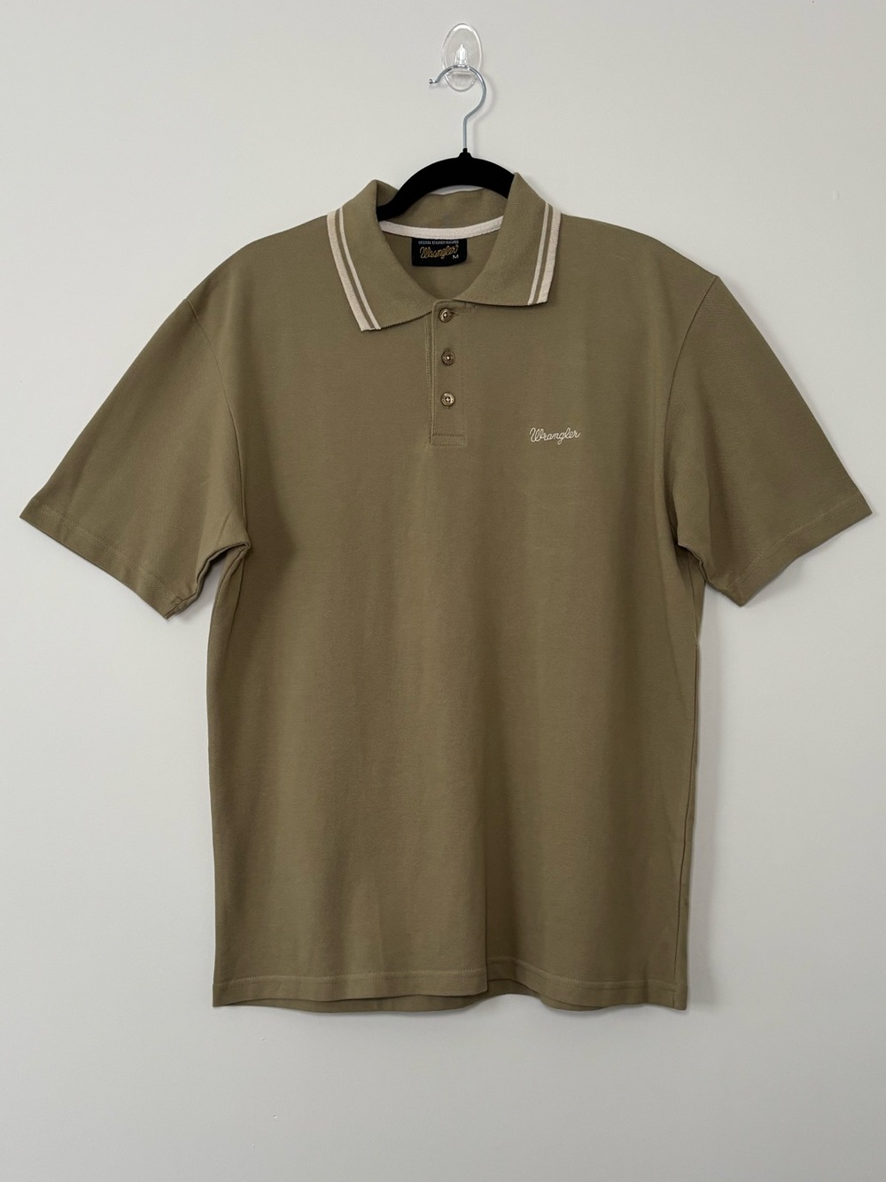 Wrangler Mens Olive Green Cotton Pique Polo Shirt White Stripe Collar Size M